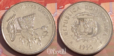 Доминикана 25 сентаво 1990 года, KM# 71.2, 097b-104