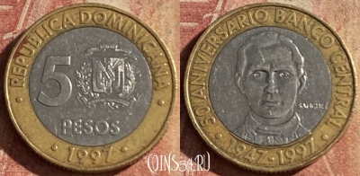 Доминикана 5 песо 1997 года, KM# 88, 156p-011 ♛