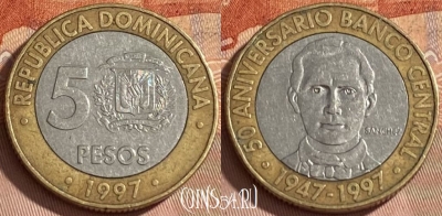 Доминикана 5 песо 1997 года, KM# 88, 462r-036 ♛