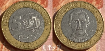 Доминикана 5 песо 1997 года, KM# 88, 490р-118