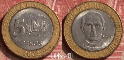 Доминикана 5 песо 2002 года, KM# 89, 051n-126
