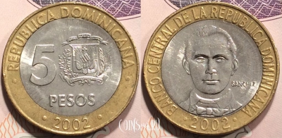 Доминикана 5 песо 2002 года, KM# 89, 128-067