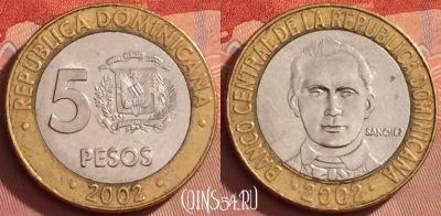 Доминикана 5 песо 2002 года, KM# 89, 291l-045