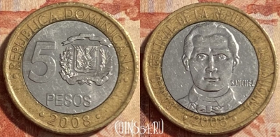 Доминикана 5 песо 2008 года, KM# 89, 488р-005
