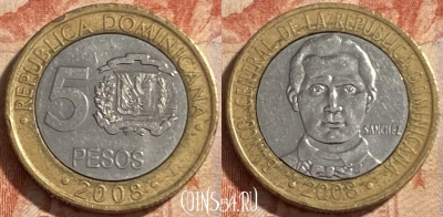 Доминикана 5 песо 2008 года, KM# 89, 489р-045