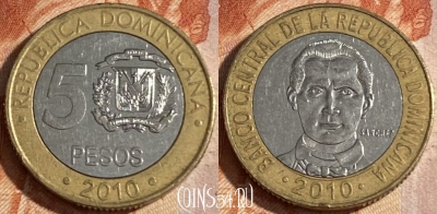 Доминикана 5 песо 2010 года, KM# 89, 165r-061
