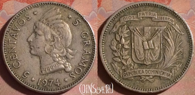 Доминикана 5 сентаво 1974 года, KM# 18, 052i-104