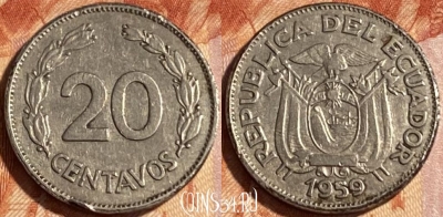Эквадор 20 сентаво 1959 года, KM# 77.1c, 466q-015