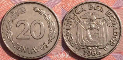 Эквадор 20 сентаво 1966 года, KM# 77.1c, 179-028