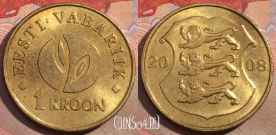 Эстония 1 крона 2008 года, KM# 44, 153a-116