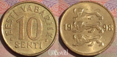Эстония 10 сентов 1998 года, KM# 22, 151b-048