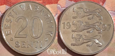 Эстония 20 сентов 1997 года, KM# 23a, 091b-043