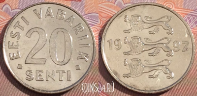 Эстония 20 сентов 1997 года, KM# 23a, 104c-002