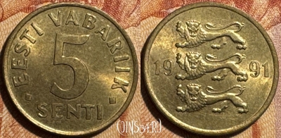 Эстония 5 сентов 1991 года, KM# 21, 502s-037