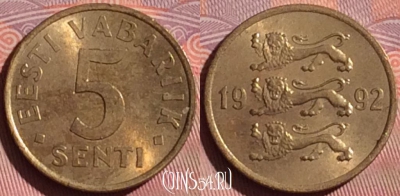 Эстония 5 сентов 1992 года, KM# 21, 057i-149