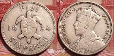Фиджи 6 пенсов 1934 года, Ag, KM# 3, 225-017