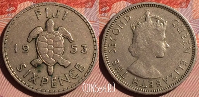 Фиджи 6 пенсов 1953 года, KM# 19, 122b-002