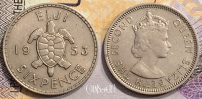 Фиджи 6 пенсов 1953 года, KM# 19, 153-043