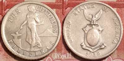 Филиппины 10 сентаво 1938 года, Ag, KM# 181, 225-042