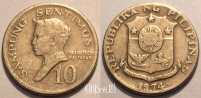 Филиппины 10 сентимо 1974 года, KM# 198, см. состояние, 85-054a
