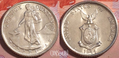 Филиппины 20 сентаво 1944 года, Ag, KM# 182, a062-021