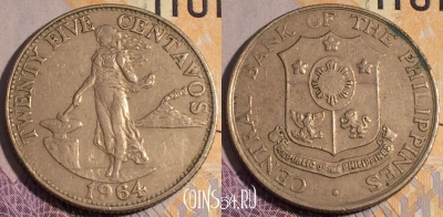 Филиппины 25 сентаво 1964 года, KM# 189, 184a-092