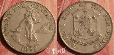 Филиппины 25 сентаво 1964 года, KM# 189, 383n-141 ♛