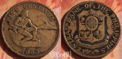 Филиппины 5 сентаво 1963 года, KM# 187, 104o-016