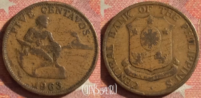 Филиппины 5 сентаво 1963 года, KM# 187, 138i-044