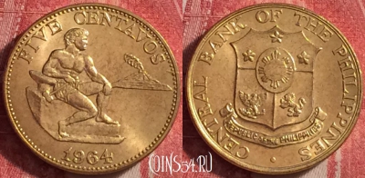 Филиппины 5 сентаво 1964 года, KM# 187, UNC, 116j-034