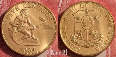 Филиппины 5 сентаво 1964 года, KM# 187, UNC, 116j-043