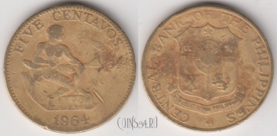 Филиппины 5 сентаво 1964 года, KM#187, 134-104