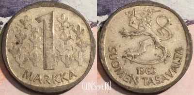 Финляндия 1 марка 1966 года, серебро, KM# 49, 170-115