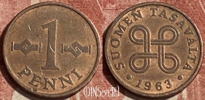 Финляндия 1 пенни 1963 года, KM# 44, 463r-047
