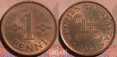 Финляндия 1 пенни 1964 года, KM# 44, a055-173