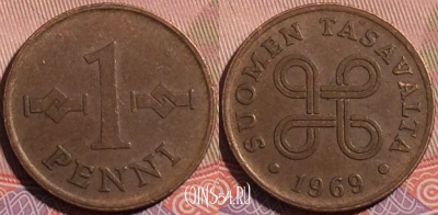 Финляндия 1 пенни 1969 года, KM# 44, a055-172