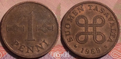 Финляндия 1 пенни 1969 года, KM# 44, a055-175