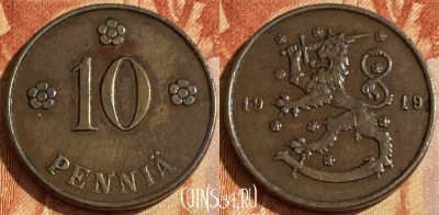 Финляндия 10 пенни 1919 года, KM# 24, 463q-176 ♛