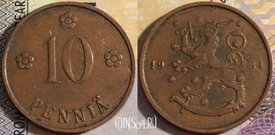 Финляндия 10 пенни 1934 года, KM# 24, 158-040