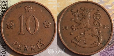 Финляндия 10 пенни 1937 года, KM# 24, 158-041