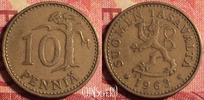 Финляндия 10 пенни 1963 года, KM# 46, 162j-037