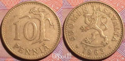 Финляндия 10 пенни 1963 года, KM# 46, a055-115