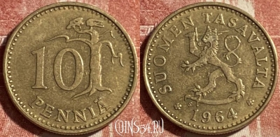 Финляндия 10 пенни 1964 года, KM# 46, 492р-076