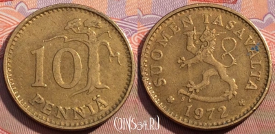 Финляндия 10 пенни 1972 года, KM# 46, 100d-033