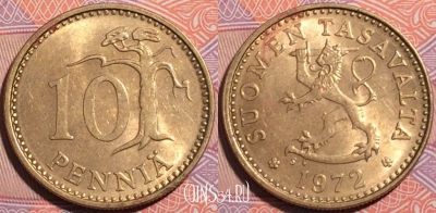 Финляндия 10 пенни 1972 года, KM# 46, a055-118