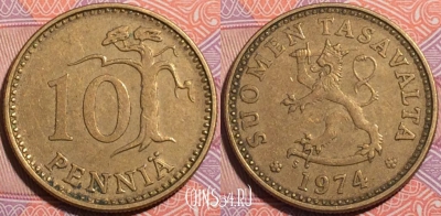 Финляндия 10 пенни 1974 года, KM# 46, a055-120