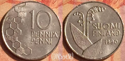 Финляндия 10 пенни 1990 года, KM# 65, 104o-067