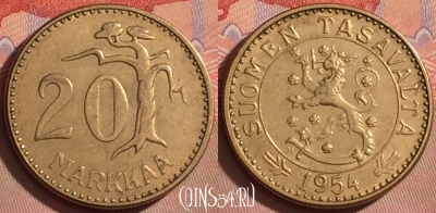 Финляндия 20 марок 1954 года, KM# 39, 105l-098