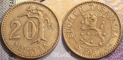 Финляндия 20 пенни 1960 года, редкая, KM# 39, a079-032