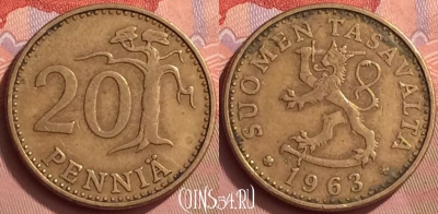 Финляндия 20 пенни 1963 года, KM# 47, 056l-036